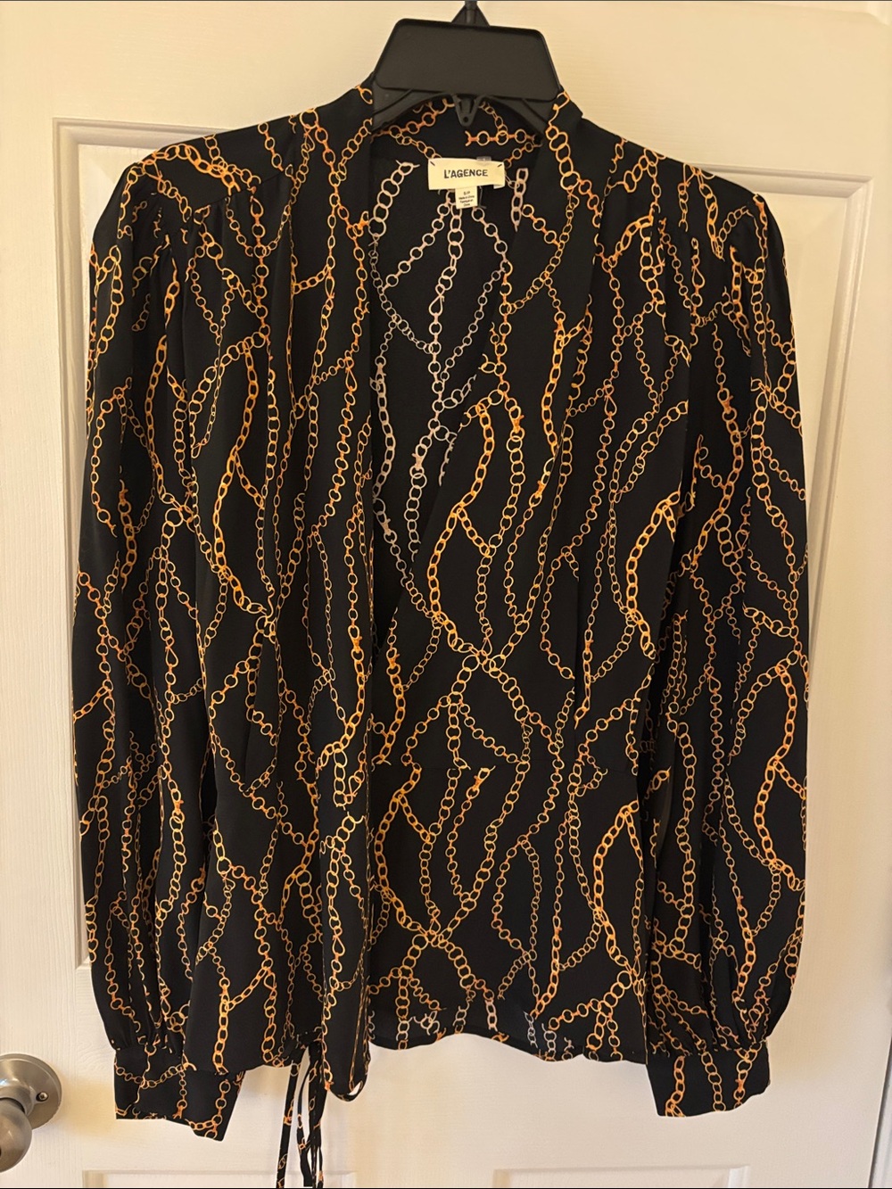 L'AGENCE Black Wrap Blouse with Gold Chain Print